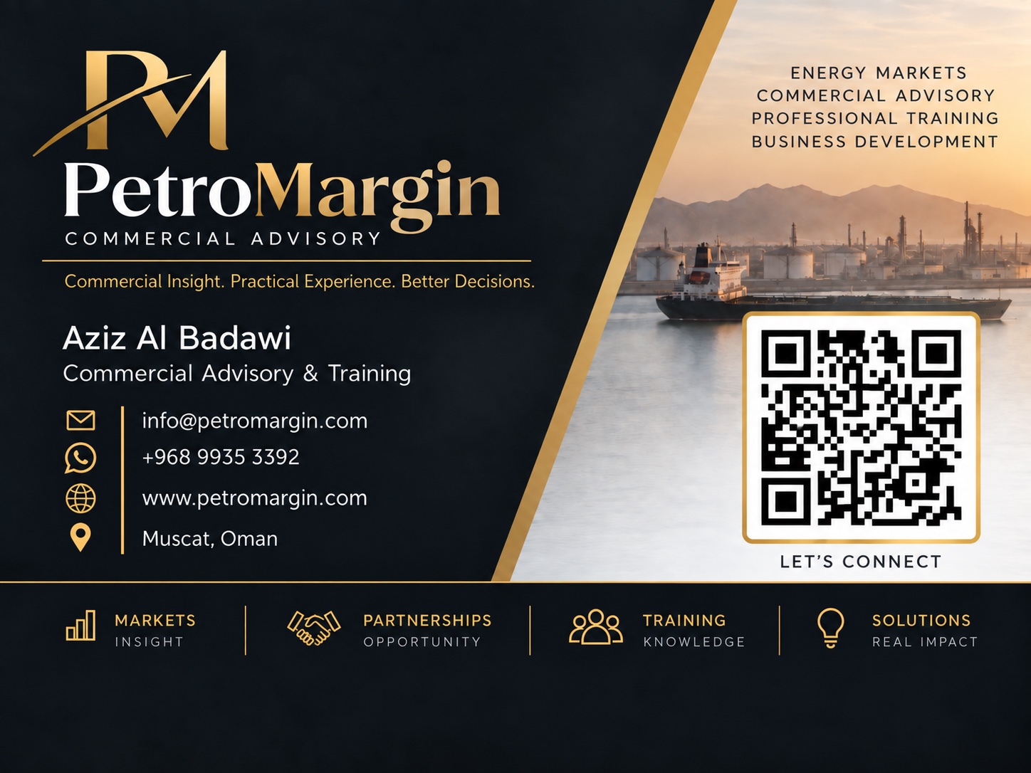 Aziz Al Badawi — PetroMargin business card with website QR code